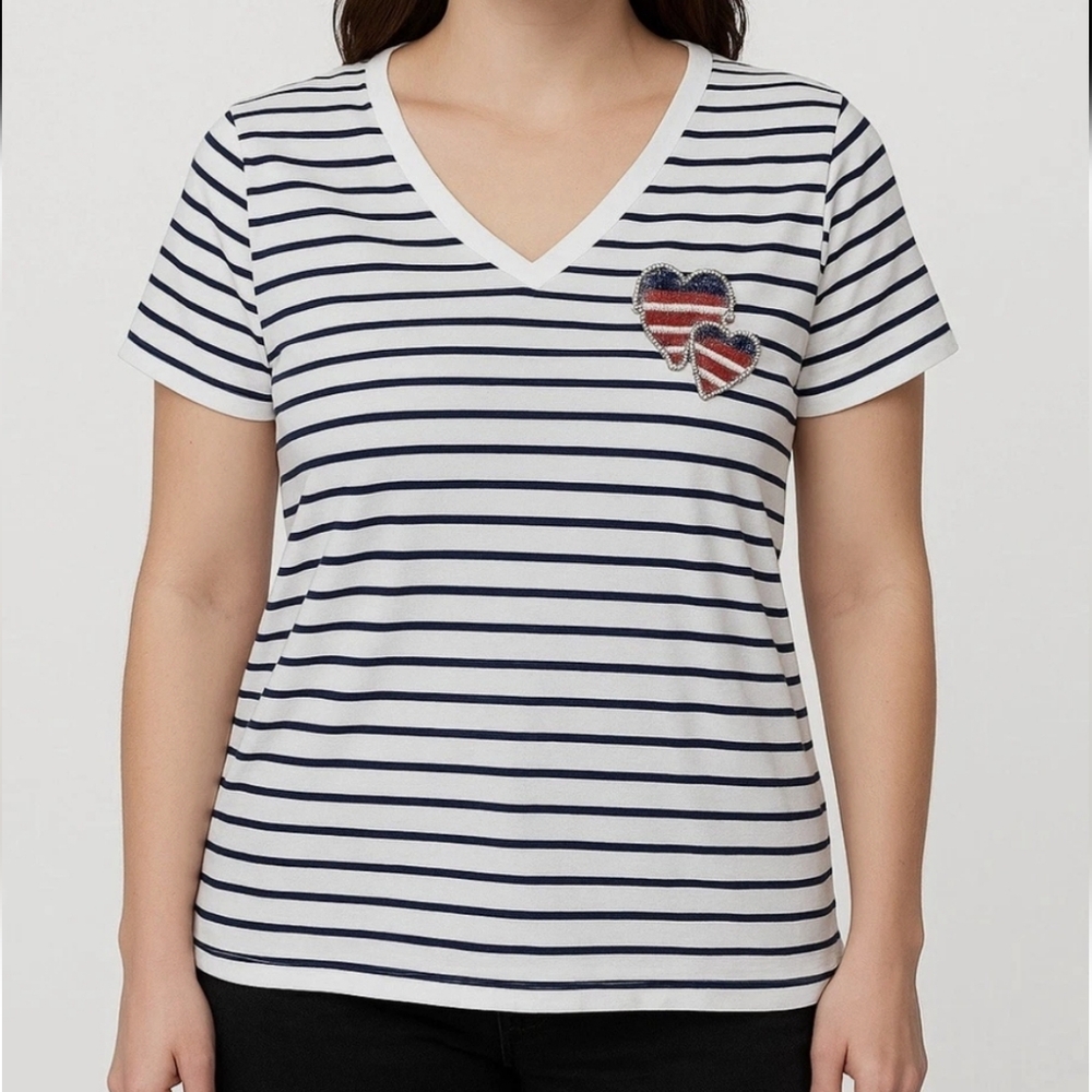 Cynthia Rowley Navy Striped V-Neck Tee with Heart Detail